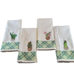 4 Cactus Kitchen Towels Lavien Embroidered Waffle Cotton Blend 16x24 Green Plaid